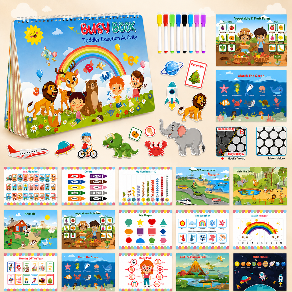 Montessori Busy Book & Reusable Sticker Set for Toddlers Ages 2–5
