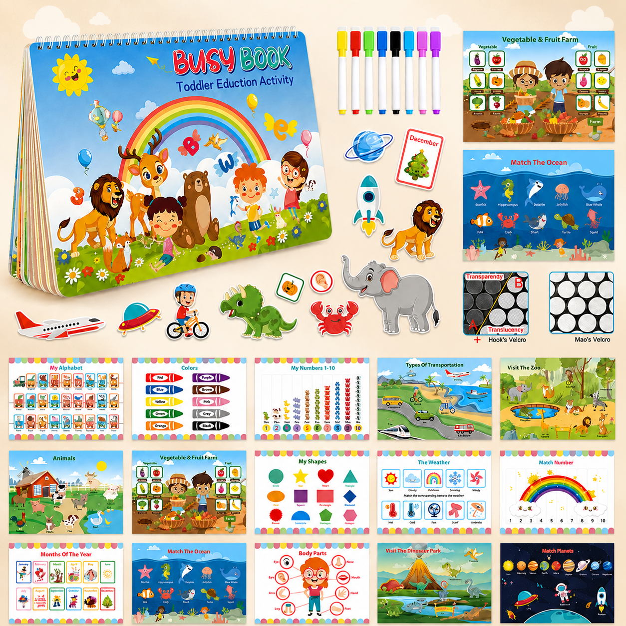 Montessori Busy Book & Reusable Sticker Set for Toddlers Ages 2–5