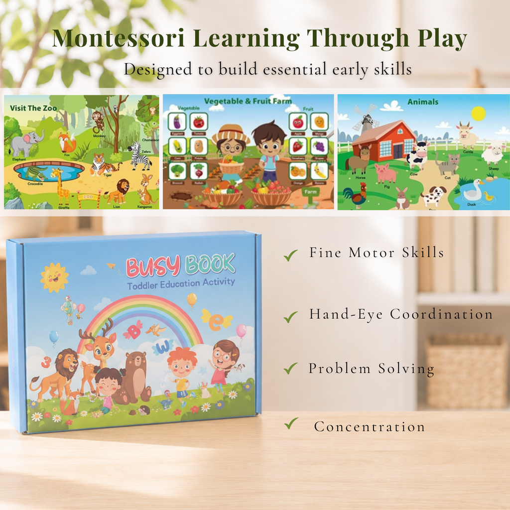 Montessori Busy Book & Reusable Sticker Set for Toddlers Ages 2–5