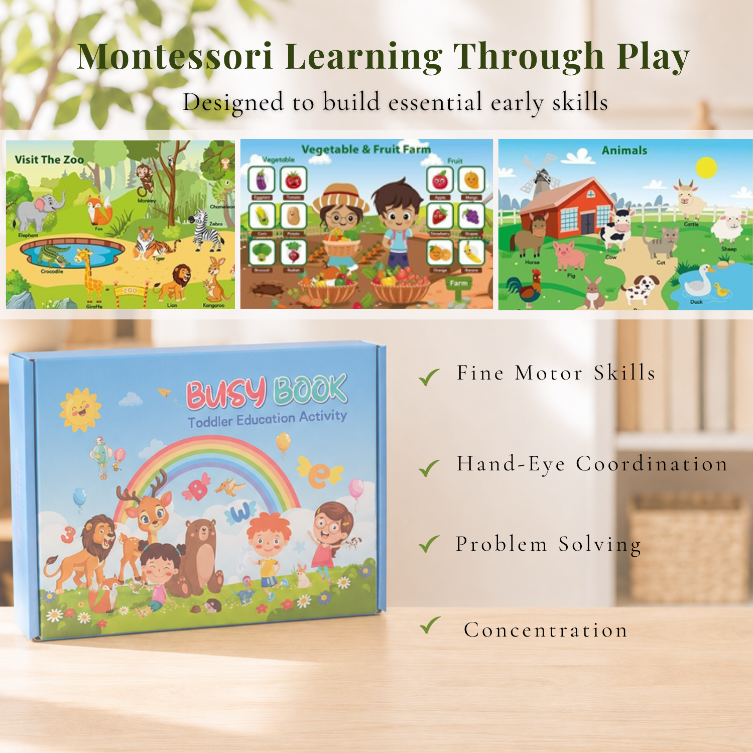 Montessori Busy Book & Reusable Sticker Set for Toddlers Ages 2–5