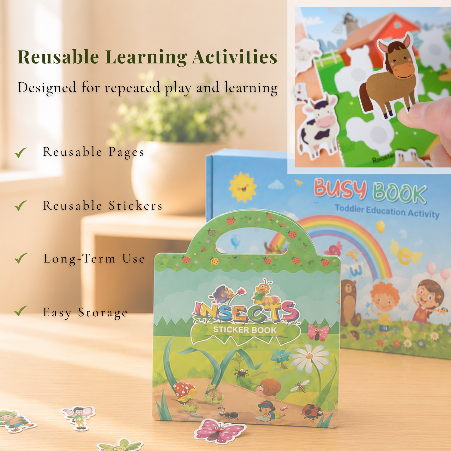 Montessori Busy Book & Reusable Sticker Set for Toddlers Ages 2–5